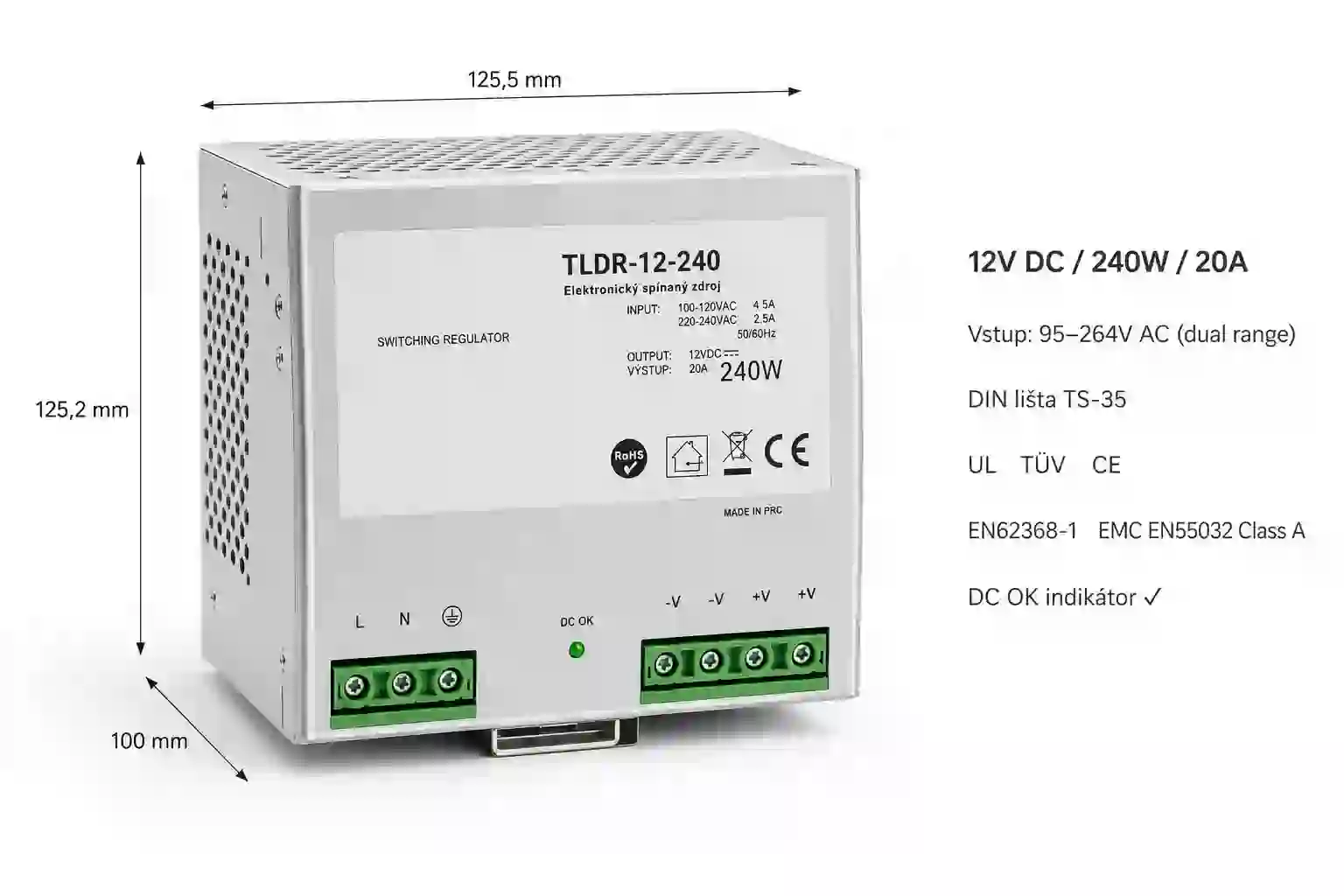 Certifikace LED zdroje 12V 240W DIN TLDR-12-240 s certifikací UL TUV EN 62368-1 a EMC EN 55032 Class A